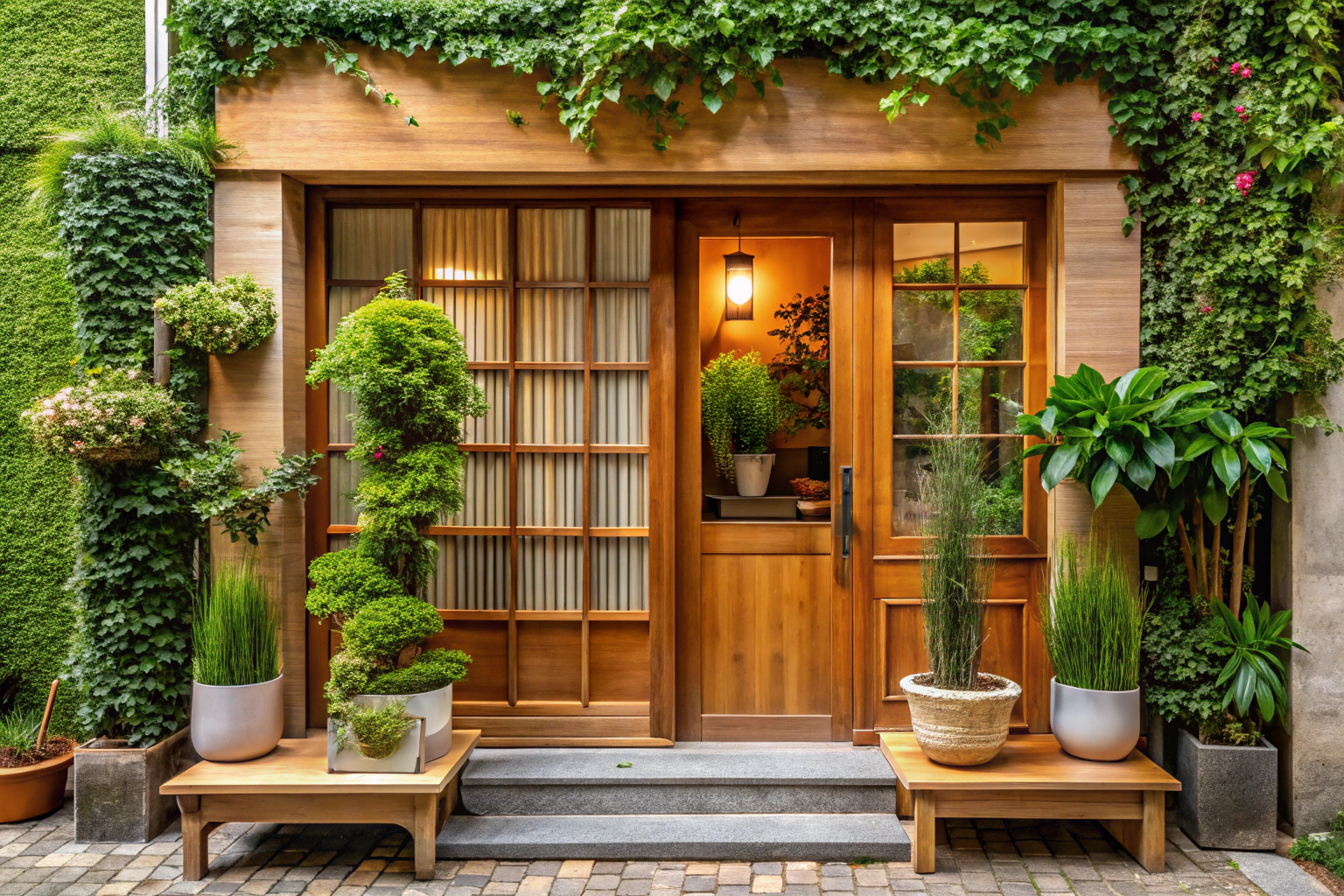 Une vue extérieure discrète du salon de massage, montrant une façade sobre avec une porte en bois et une vitrine neutre, entourée de plantes vertes, sans indication textuelle