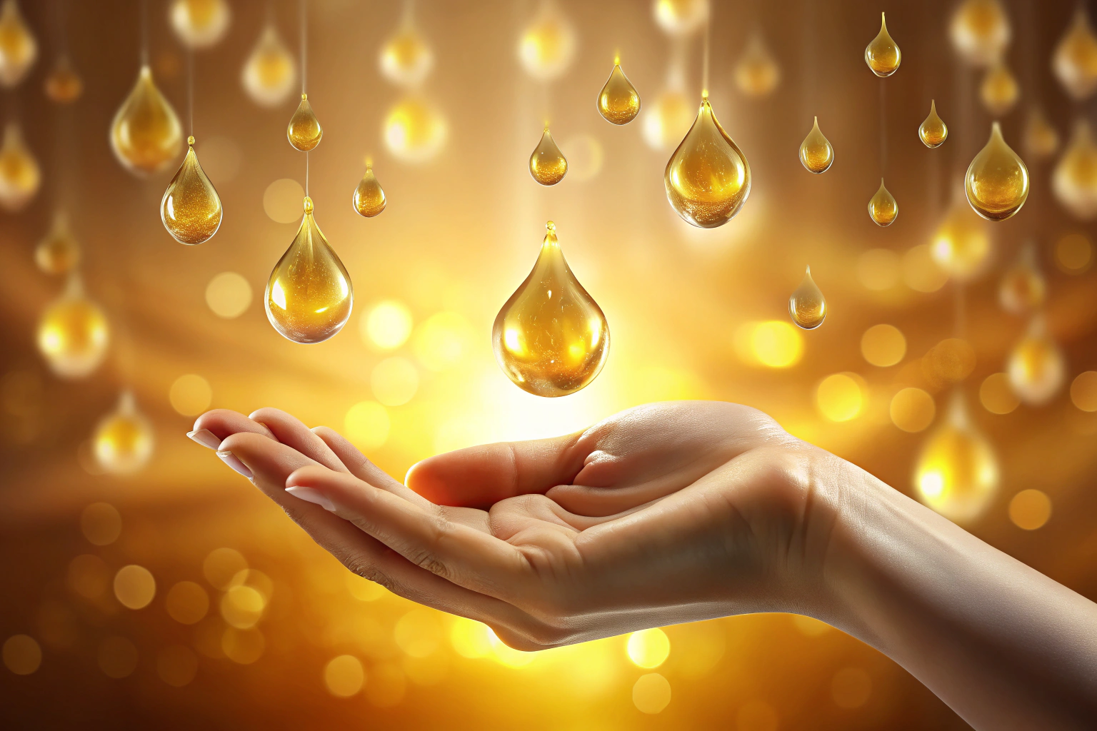 Gouttes d huile de massage scintillantes tombant sur une main dans une lumière douce, mettant en valeur la texture liquide et luisante sans aucun élément de marque