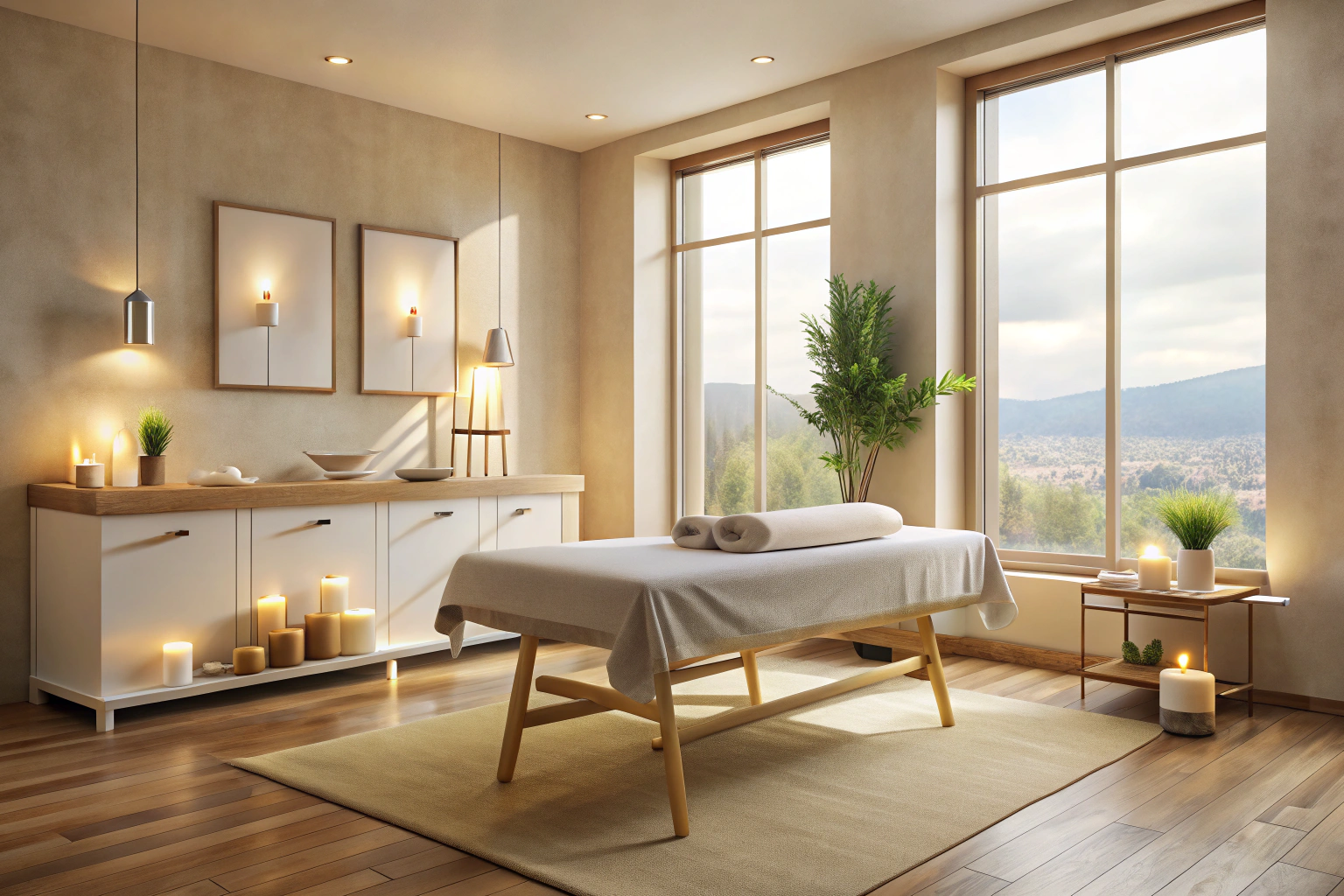 Une salle de massage spacieuse avec des murs peints en beige clair, un lit de massage recouvert de draps blancs immaculés, des bougies parfumées dispersées sur une table basse en bois, et une grande fenêtre laissant entrer une lumière naturelle douce, le tout dans un cadre minimaliste sans aucun élément de marque