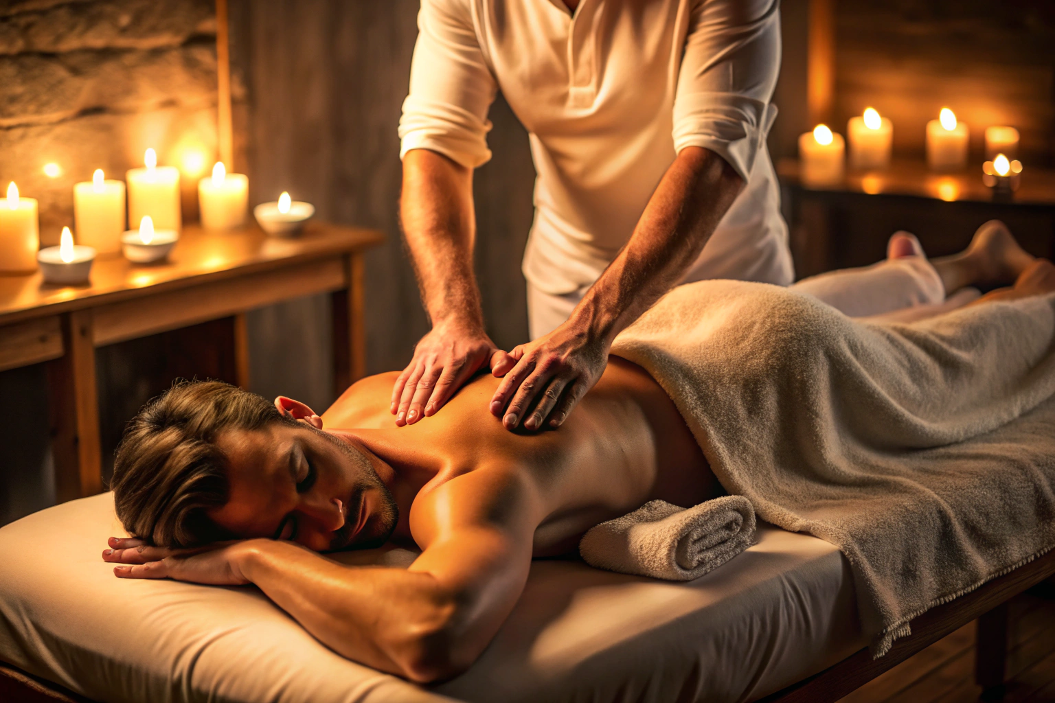 Des mains massant doucement le bas du dos d une personne allongée sur une table de massage, avec une serviette blanche et une ambiance tamisée