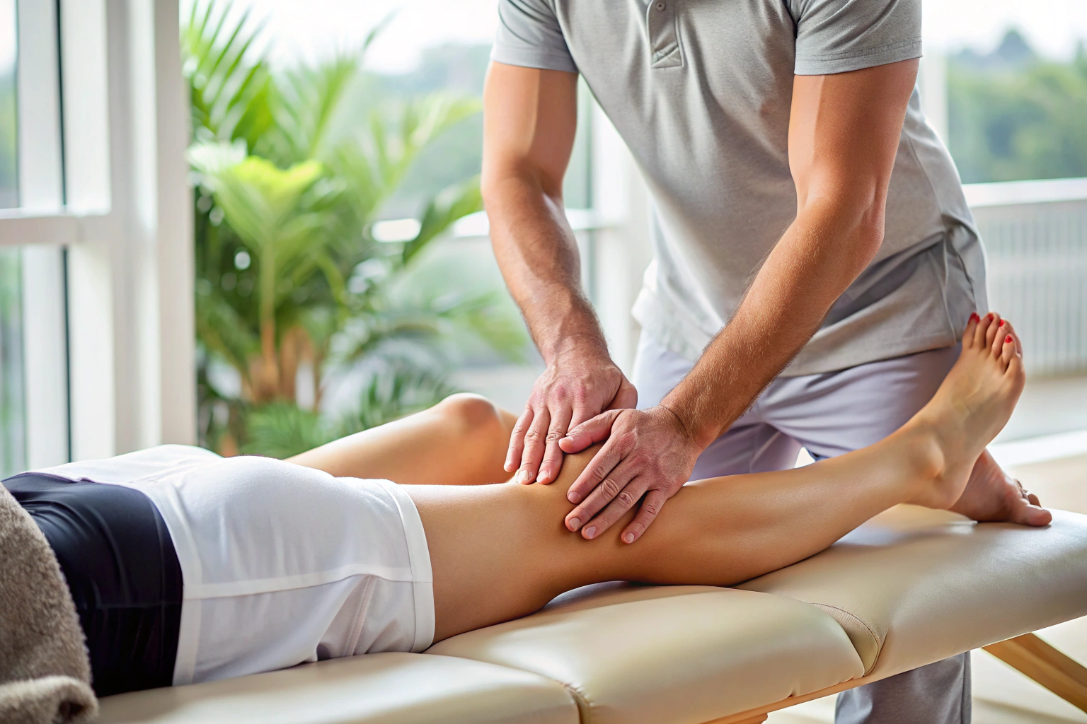 Des mains effectuant un massage sportif sur les jambes d une personne, avec des mouvements fermes et ciblés, dans un cadre neutre et propre, sans éléments de marque